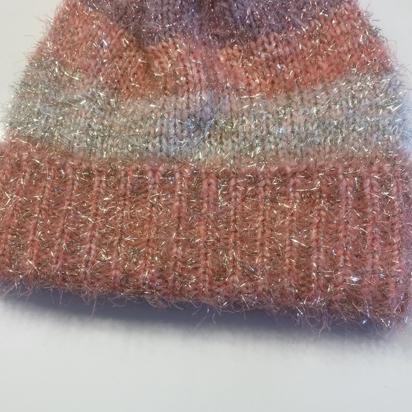 NWT Children’s Place pink multicolored striped tinsel toboggan with furry pompom - Picture 2 of 7